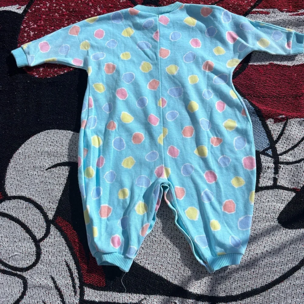 VINTAGE ONEITA KIDS BLUE GRAPHIC PRINT ONE PIECE PAJAMAS ROMPER SIZE 12 MONTHS - Picture 2 of 5
